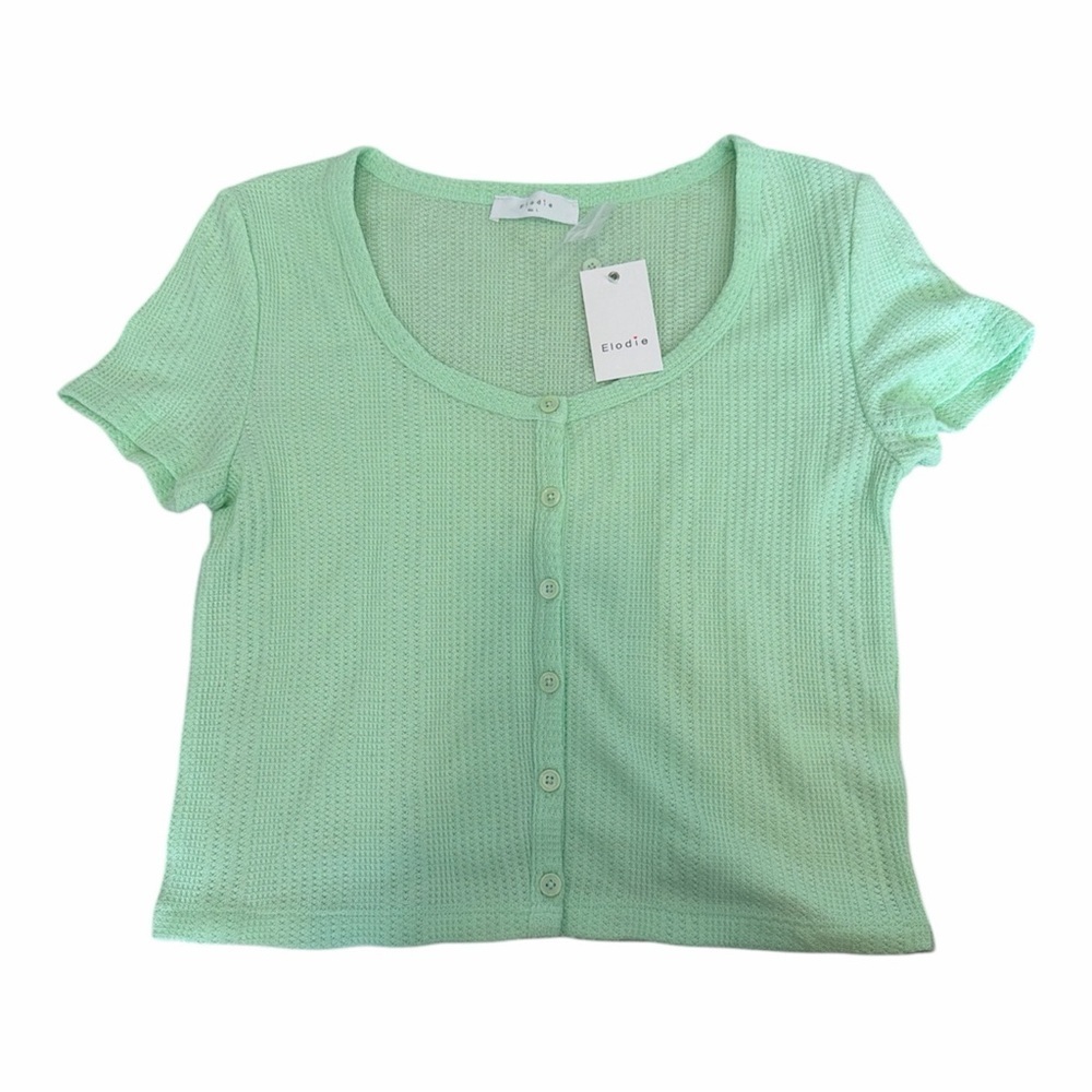 Elodie Lime Green Button Front Knit Short Sleeve Top size Large